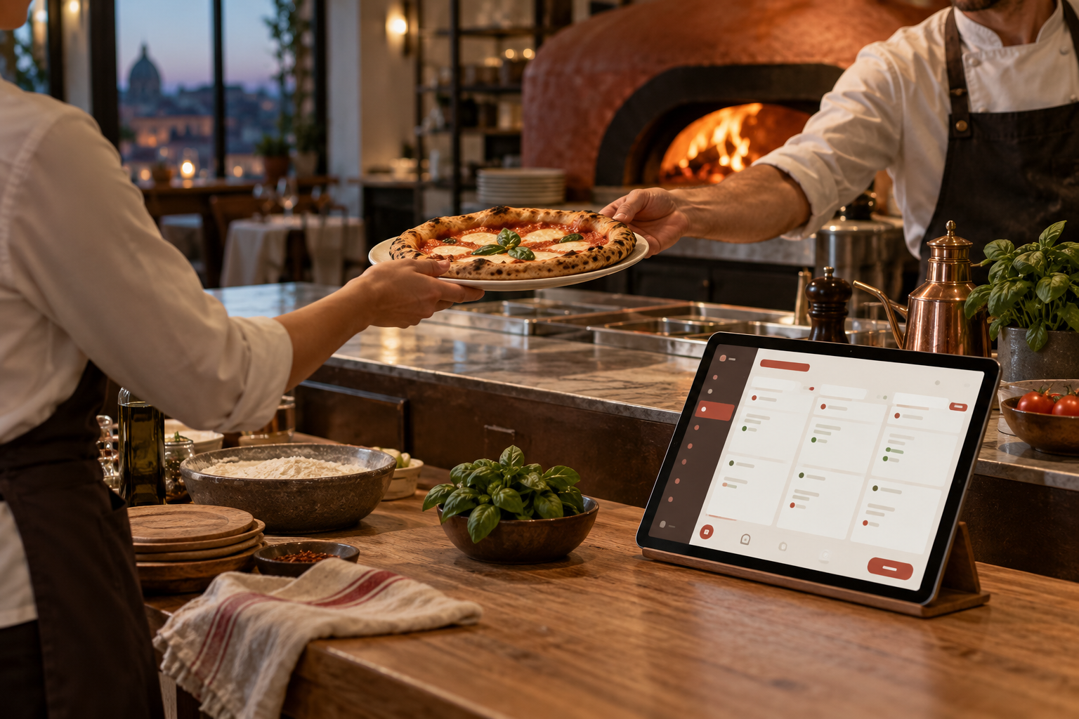 Illustrative Restaurantszene: Eine Pizza wird an den Service übergeben, daneben ein Tablet mit einer beispielhaften Auftragsübersicht.