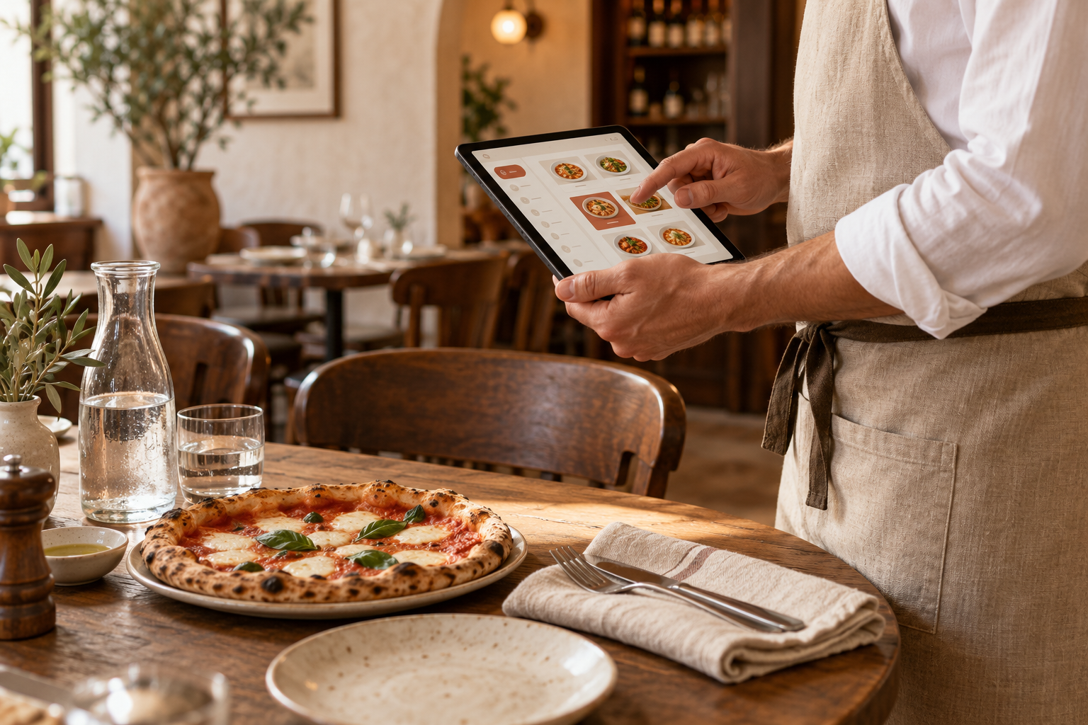 Illustrative Restaurantszene: Eine Servicekraft nimmt an einem gedeckten Restauranttisch eine Bestellung auf einem Tablet auf.
